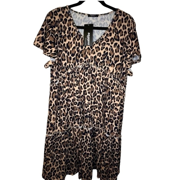NWT Dress L Ruffle Empire Waist Animal Print V-Neck Short Sleeve Loose Fitting - Picture 1 of 12